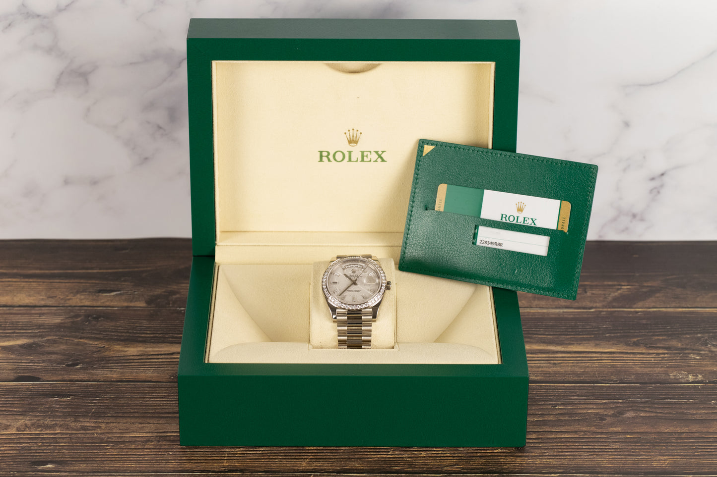 Rolex 228349RBR DayDate 40 White Gold Diamond Bezel Meteorite Diamond Dial