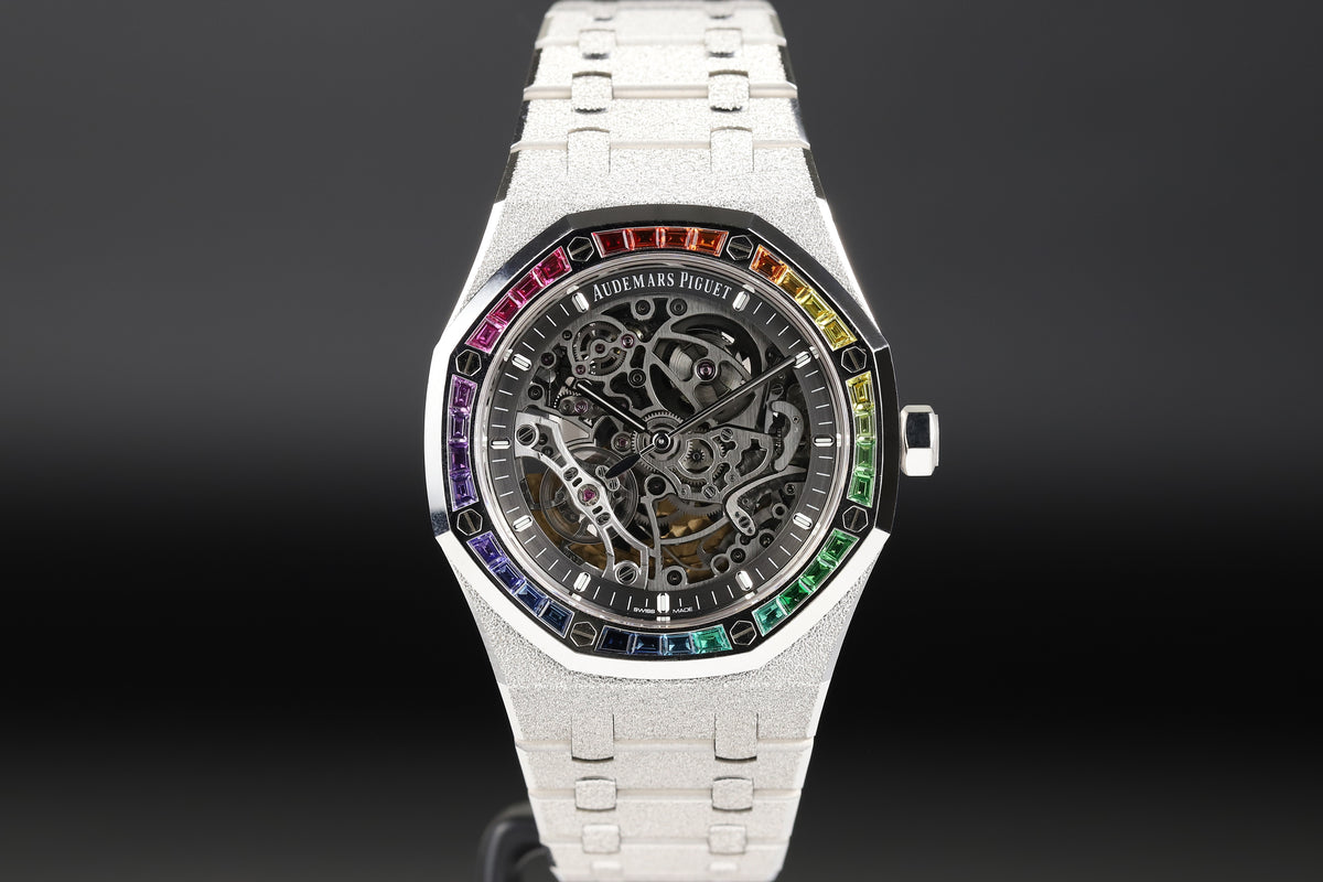 Audemars Piguet 15412BC Royal Oak Frosted Gold Double Balance Wheel Openworked Factory Baguette Rainbow Bezel