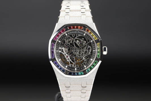 Audemars Piguet 15412BC Royal Oak Frosted Gold Double Balance Wheel Openworked Factory Baguette Rainbow Bezel