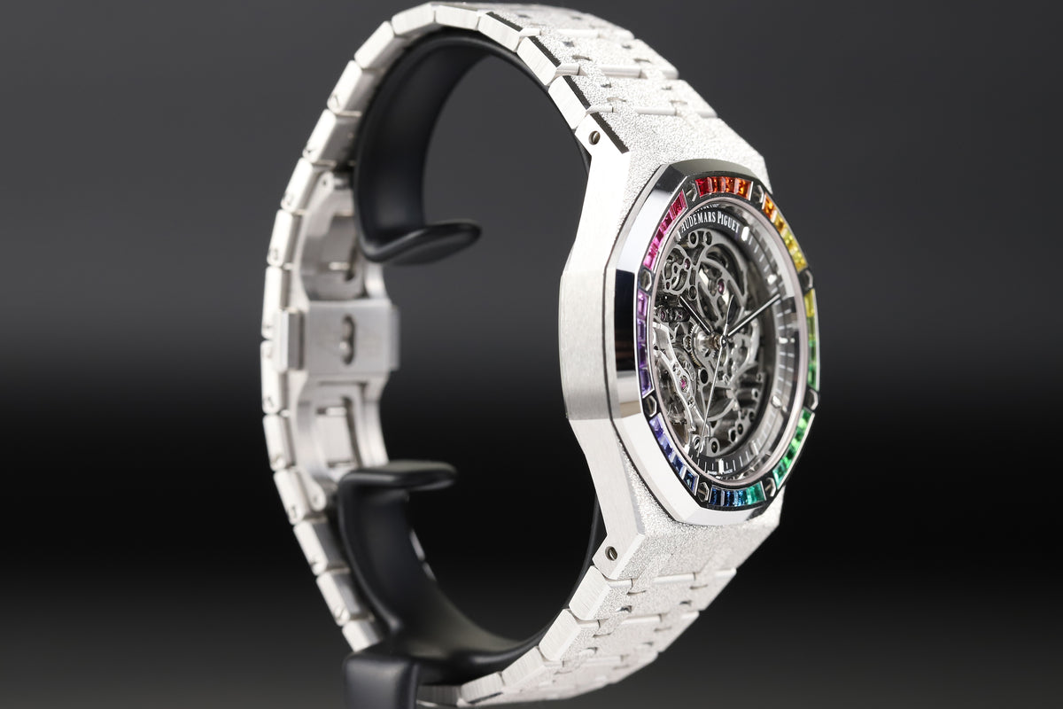 Audemars Piguet 15412BC Royal Oak Frosted Gold Double Balance Wheel Openworked Factory Baguette Rainbow Bezel