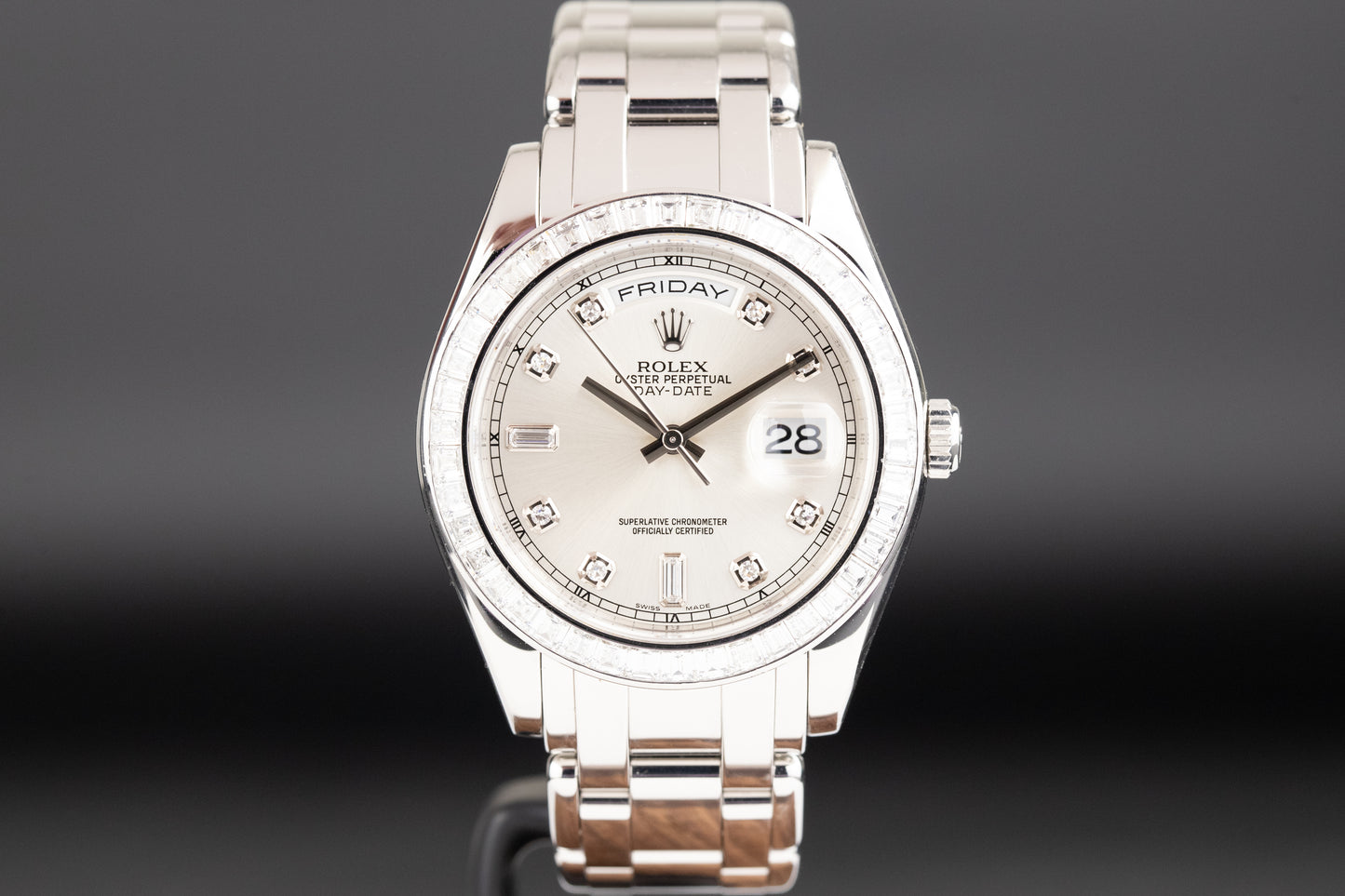 Rolex 18956BR Day-Date Masterpiece Platinum Silver Diamond Dial Baguette Diamond Bezel