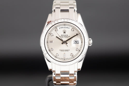 Rolex 18956BR Day-Date Masterpiece Platinum Silver Diamond Dial Baguette Diamond Bezel