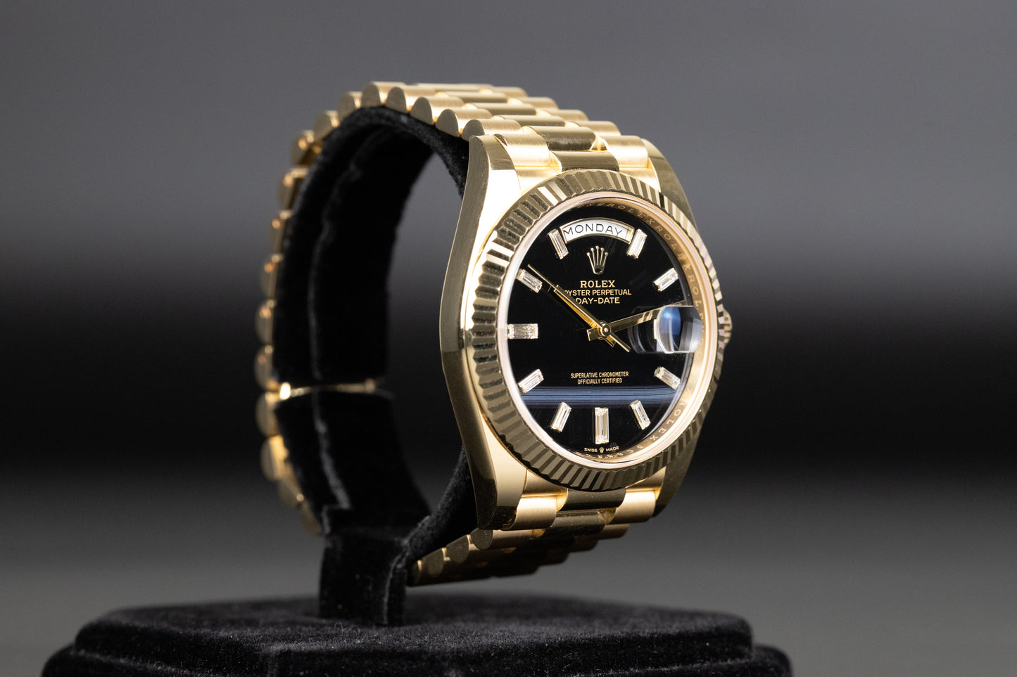 Rolex 228238 DayDate 40 Baguette Diamond Black Onyx Dial