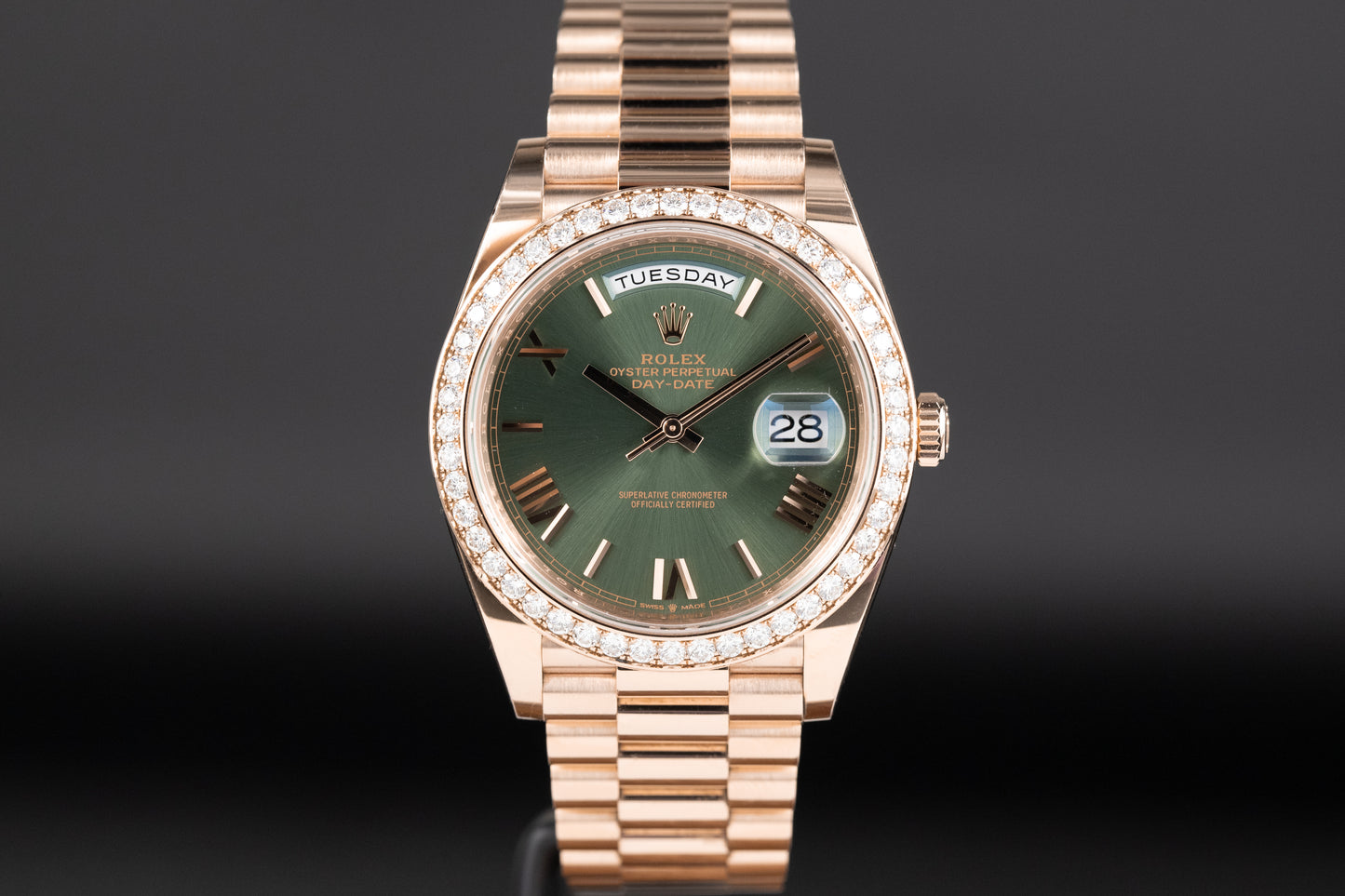 Rolex 228345RBR DayDate 40 Rose Gold Diamond Bezel Olive Green Dial