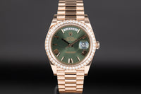 Rolex<br>228345RBR DayDate 40 Rose Gold Diamond Bezel Olive Green Dial