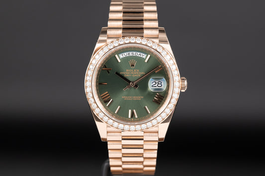 Rolex 228345RBR DayDate 40 Rose Gold Diamond Bezel Olive Green Dial