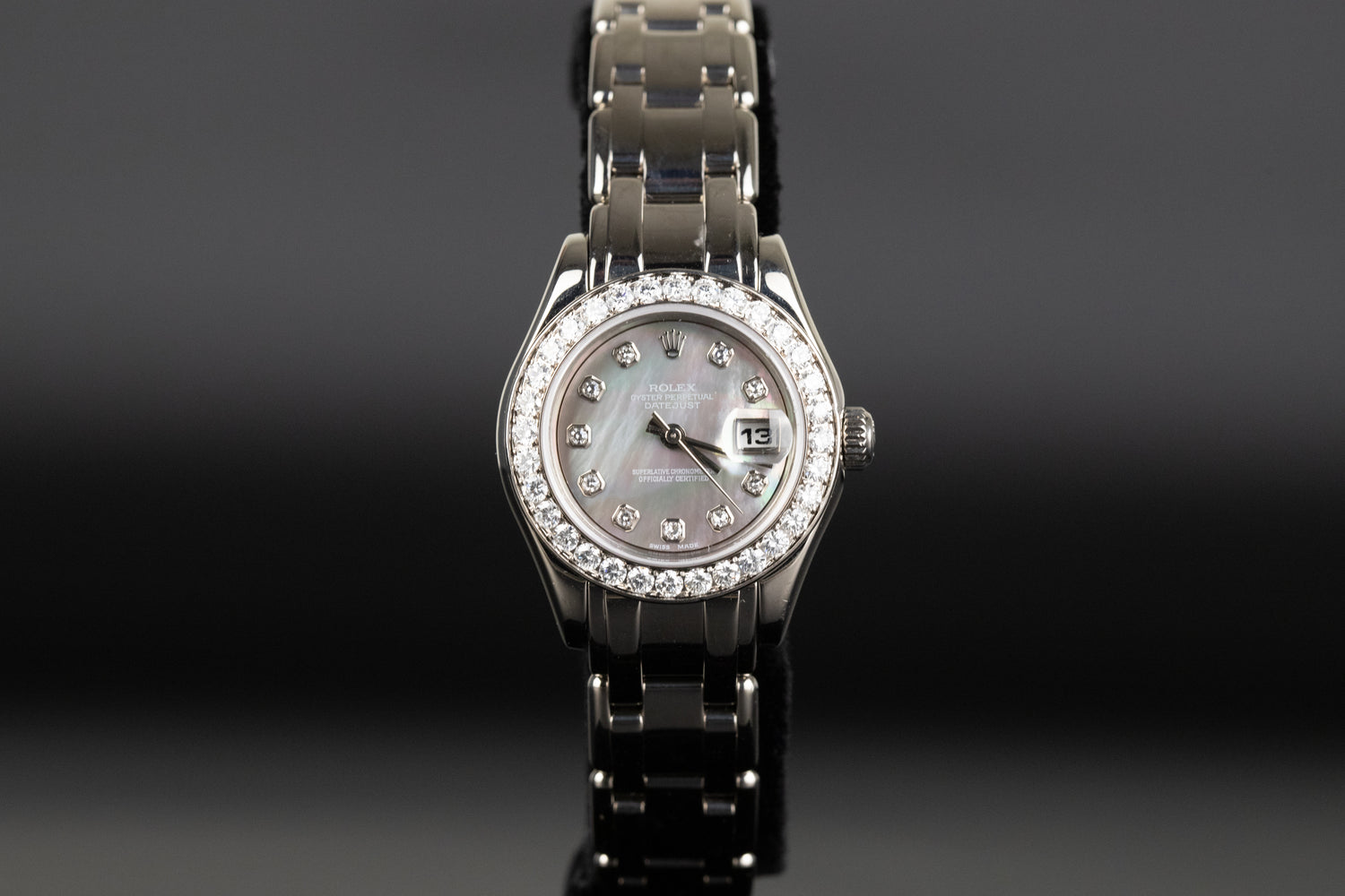 Rolex 69299 Datejust Pearlmaster 29 White Gold Black Mother of Pearl Serti Dial