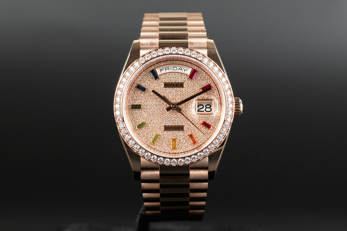 Rolex<br>128345RBR Day-Date 36 Diamond Bezel Pave Diamond Dial Rainbow