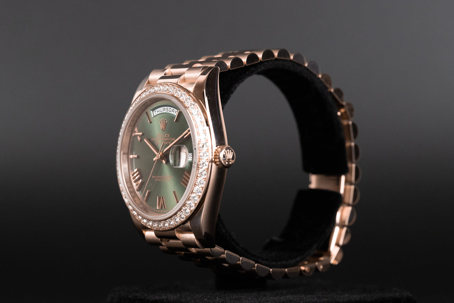 Rolex 228345RBR DayDate 40 Rose Gold Diamond Bezel Olive Green Dial