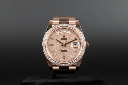 Rolex 228345RBR DayDate 40 Rose Gold Pave Diamond Dial Diamond Bezel